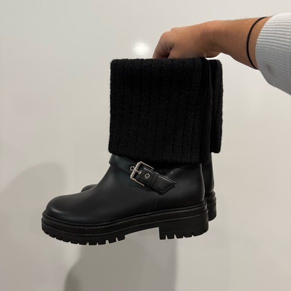 Gianvito Rossi Thurso Knit Collar Moto Combat Leather Boots - Picture 8 of 16